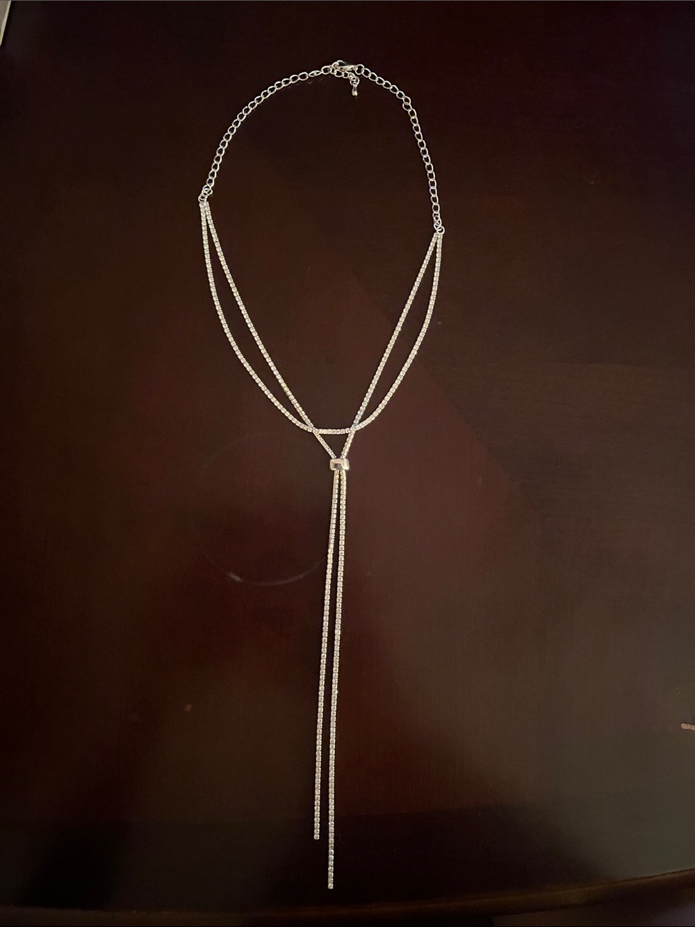 Elegant Silver-Tone Y-Lariat Necklace with Rhinestone Tassels